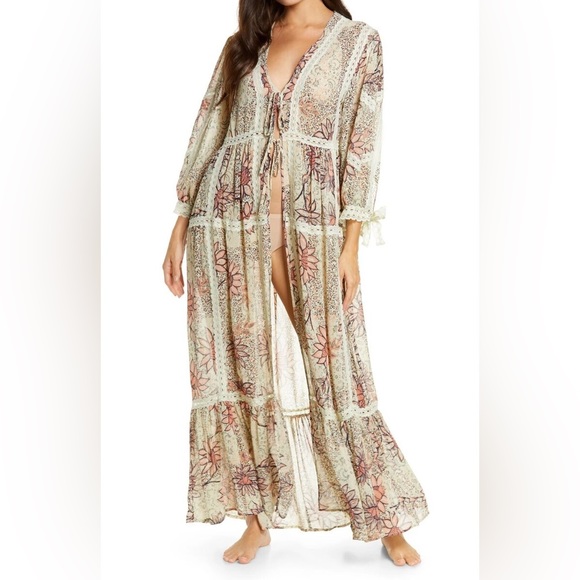 Free People Dresses & Skirts - Free People Grasslands Kimono Robe Dress Floral Boho Hippie Cover up